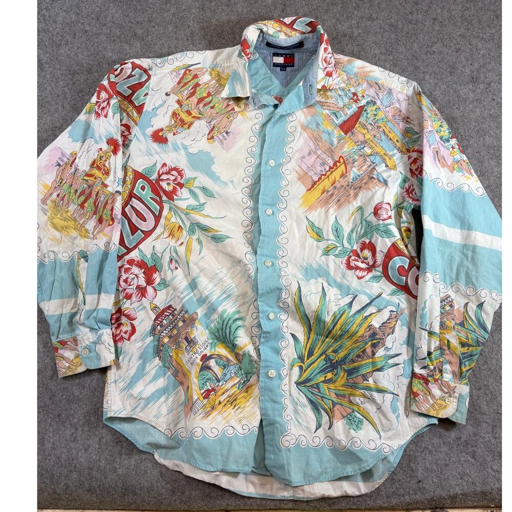 VINTAGE 90s Tommy Hilfiger Cote D Azur Button Up Shirt Mens Small All Over Print